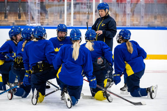 Assistant coach Pernilla Winberg and players of Sweden at a