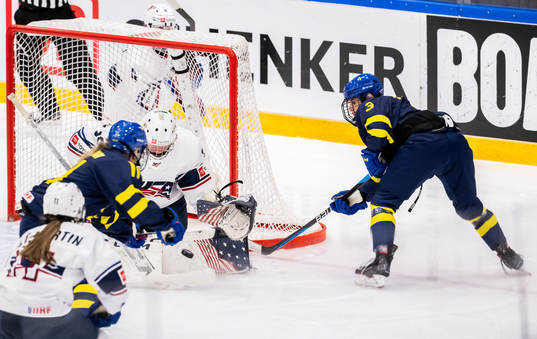 Emma Rehn and Mira Jungåker of Sweden against goaltender