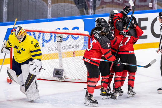 Goaltender Felicia Frank of Sweden looks dejected
