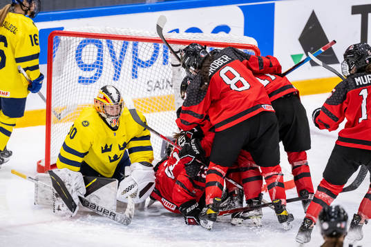 Goaltender Felicia Frank of Sweden looks dejected