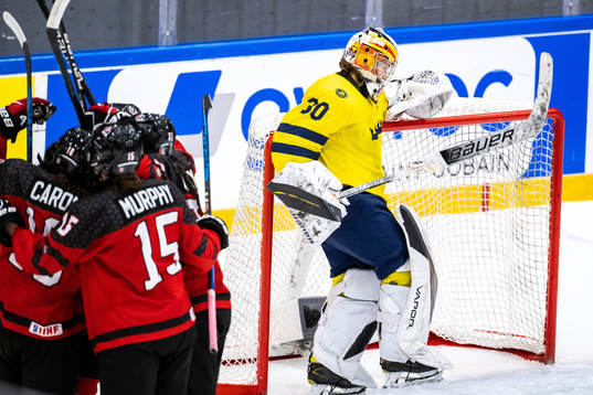 Goaltender Felicia Frank of Sweden looks dejected