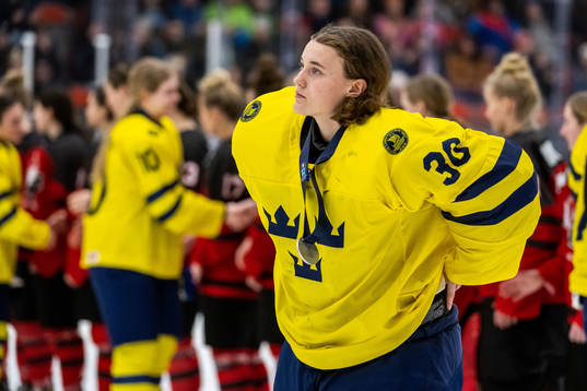 Goaltender Felicia Frank of Sweden looks dejected