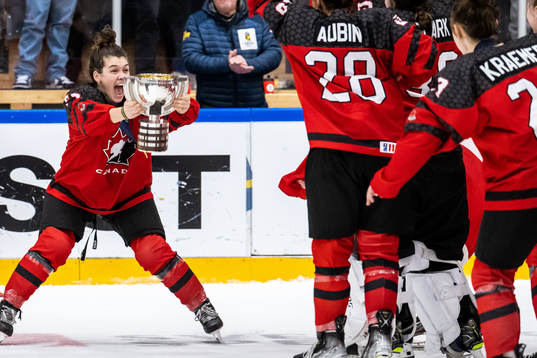Jocelyn Amos of Canada celebrates with the first place