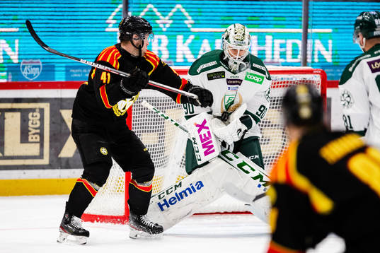Brynäs Greg Scott och Färjestads målvakt Matthew Tomkins