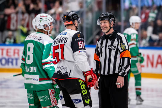 Domare Mikael Nord i samspråk med Rögles Linus Sandin