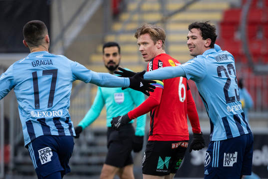 Djurgårdens Carlos Moros Garcia och Gustav Wikheim jublar