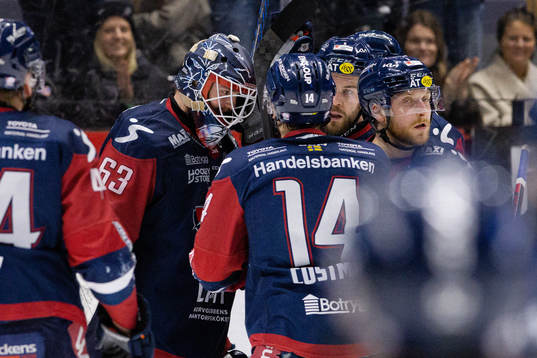 Linköpings spelare jublar med målvakt Marcus Högberg