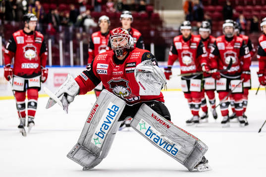 Malmö Redhawks målvakt Brandon Maxwell jublar