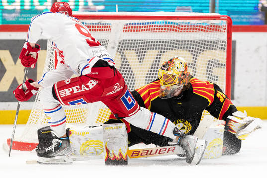 Timrås Sebastian Hartmann och Brynäs målvakt Anders