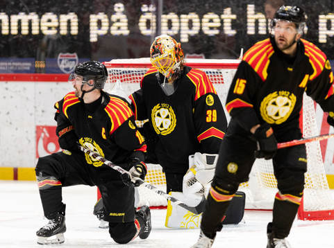Brynäs Anton Rödin, målvakt Anders Lindbäck och Simon