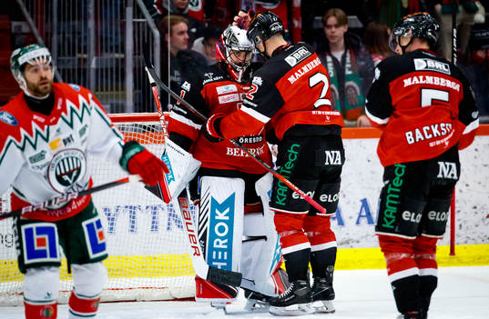 Örebros målvakt Jhonas Enroth och Rasmus Rissanen jublar