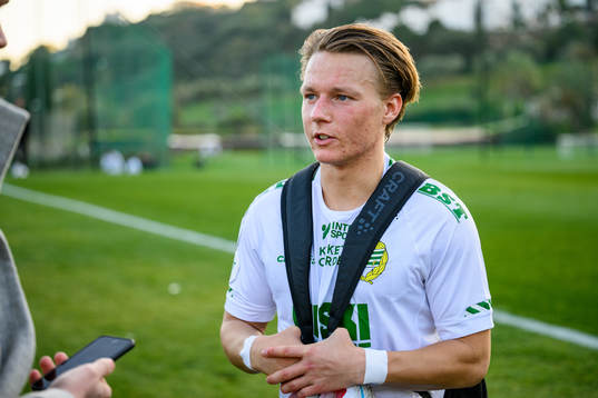 August Mikkelsen of Hammarby is interviewed by the media