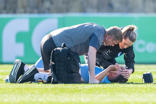 Moustafa Zeidan of Malmö FF receives receives attention