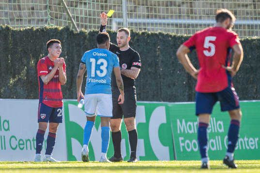 Velasco Alan of Dallas and Martin Olsson of Malmö FF