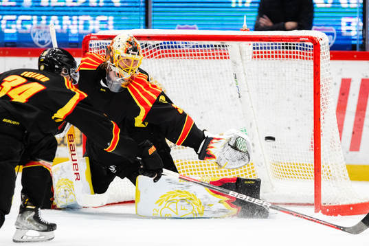 Rögles Adam Tambellini (ej i bild) gör 0-1 bakom Brynäs
