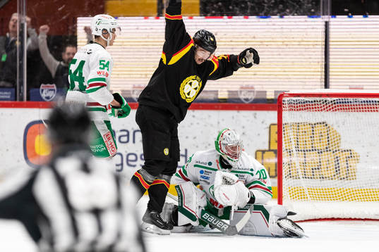 Brynäs Hannes Björninen jublar och Rögles målvakt Calle