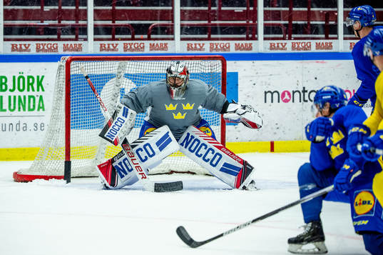 Goalkeeper Jhonas Enroth of Sweden at a practice session
