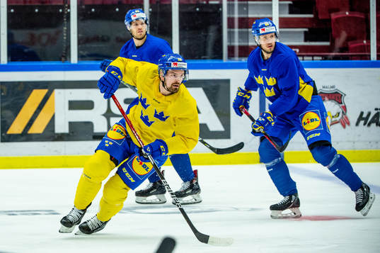 Anton Lander and Jacob de la Rose of Sweden at a practice