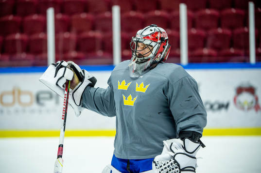 Goalkeeper Jhonas Enroth of Sweden at a practice session