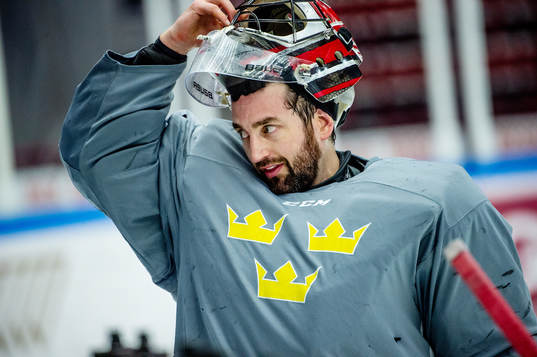 Goalkeeper Jhonas Enroth of Sweden at a practice session