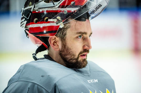 Goalkeeper Jhonas Enroth of Sweden at a practice session