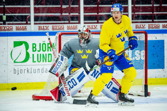 Goalkeeper Jhonas Enroth and Carl Klingberg of Sweden at a