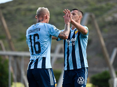Djurgårdens Victor Edvardsen och Haris Radetinac jublar