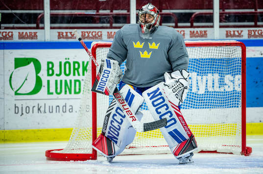 Goalkeeper Jhonas Enroth of Sweden at a practice session