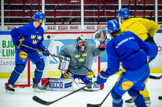 Goalkeeper Jhonas Enroth of Sweden at a practice session