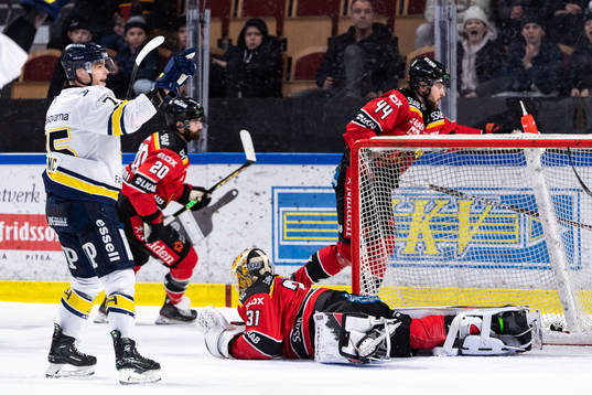 HV71s Radan Lenc jublar och Luleås målvakt Matteus Ward