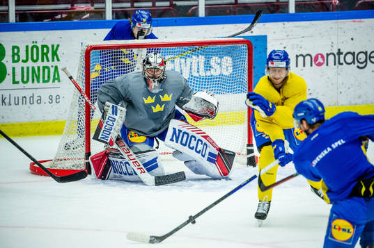 Goalkeeper Jhonas Enroth of Sweden at a practice session