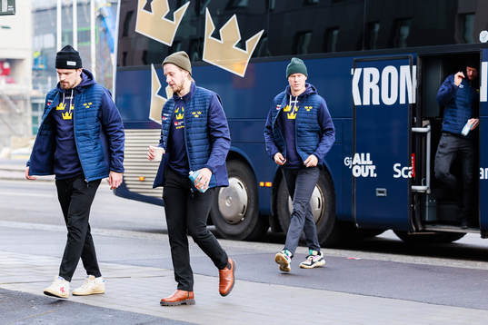 Anton Lander and Jonathan Pudas of Sweden arrive at the