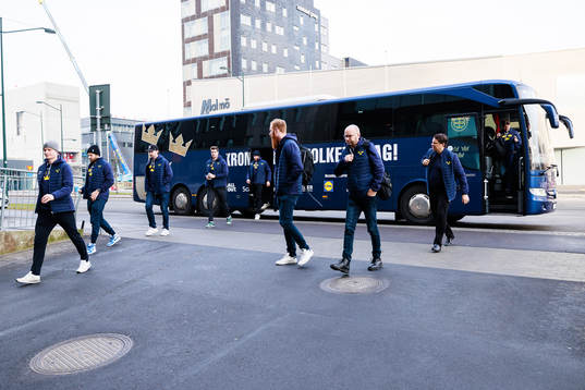 Players of Sweden arrive at the arena prior to a practice