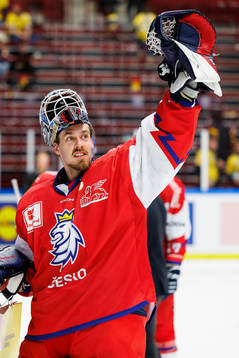 goaltender Ales Stezka of Czech Republic celebrates