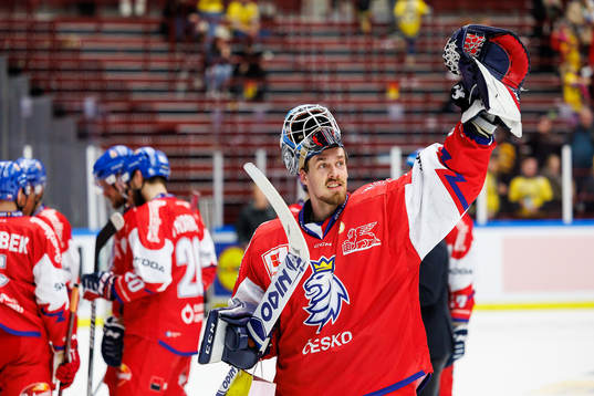 goaltender Ales Stezka of Czech Republic celebrates