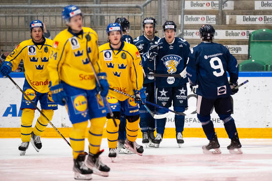 Nestor Noiva of Finland celebrate while player of Sweden