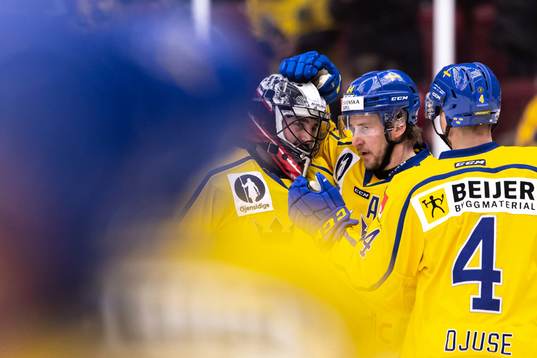 Goalkeeper Jhonas Enroth and Jonathan Pudas of Sweden