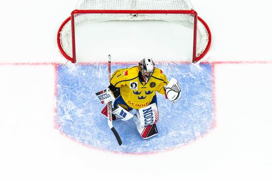 Goalkeeper Jhonas Enroth of Sweden celebrates