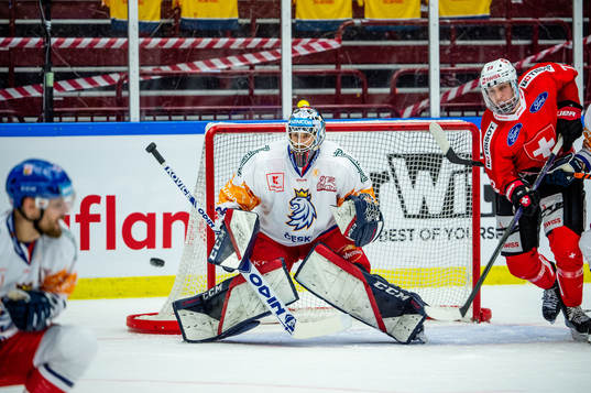 Goaltender Ales Stezka of Czech Republic and Mike Kunzle of