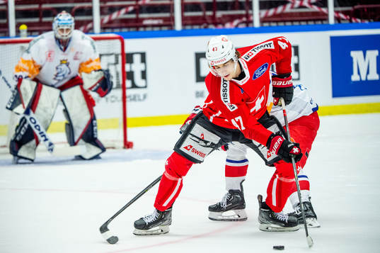 Ken Jäger of Switzerland and goaltender Ales Stezka and