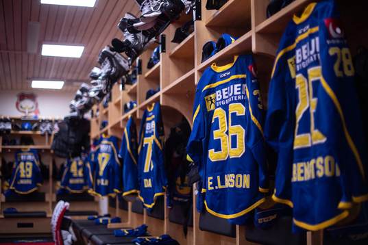 The jerseys of Sweden in their locker room