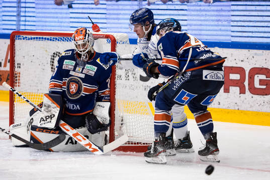 Växjös målvakt Adam Åhman och Leksands Carter Ashton