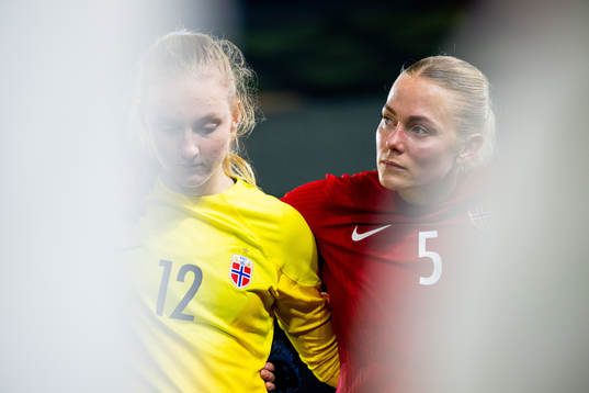 Goalkeeper Sunniva Skoglund and Guro Bergsvand of Norway