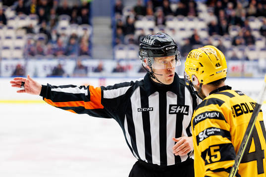 Domare Tobias Björk pratar med Skellefteås Oscar Möller