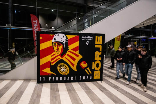 En skylt i Monitor ERP Arena med ett tryck föreställande