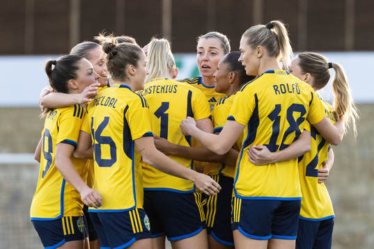 Madelen Janogy of Sweden celebrates with team mates