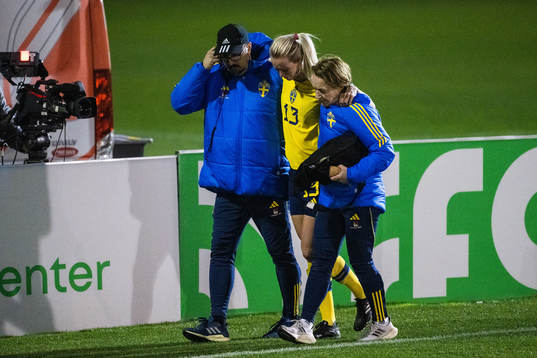 Amanda Ilestedt of Sweden is carried off the pitch by