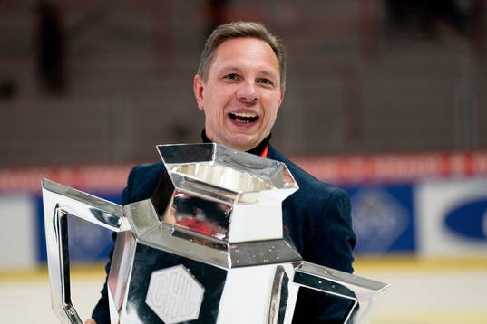 Tapparas coach Jussi Tapola celebrates with the trophy