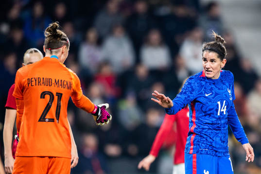 Goalkeeper Pauline Peyraud-Magnin and Charlotte Bilbault of