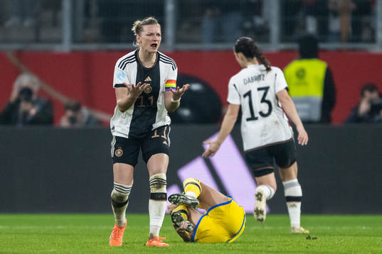 Alexandra Popp of Germany reacts towards the referee